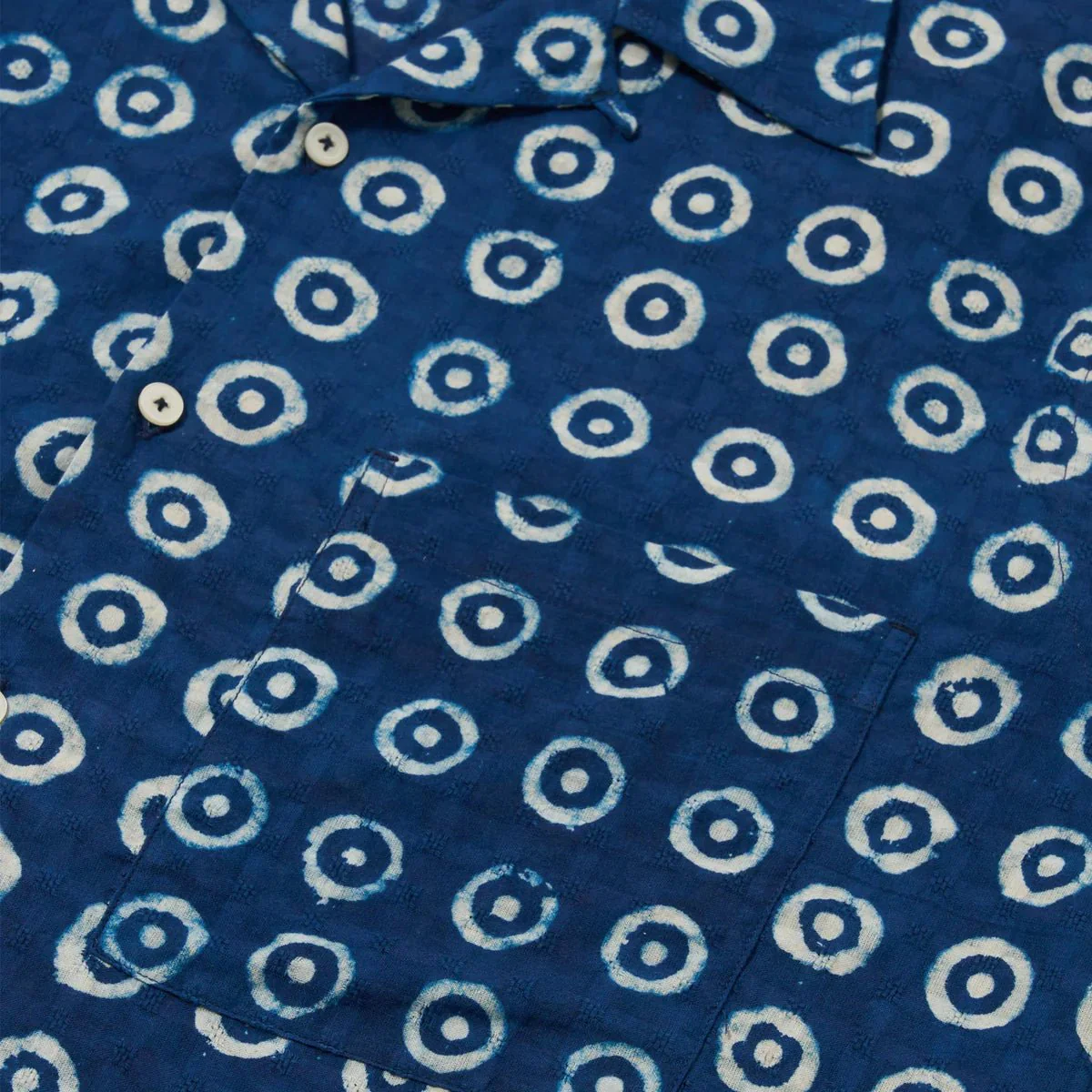 Universal Works Block Print Circles Camper Shirt Indigo - Image 3